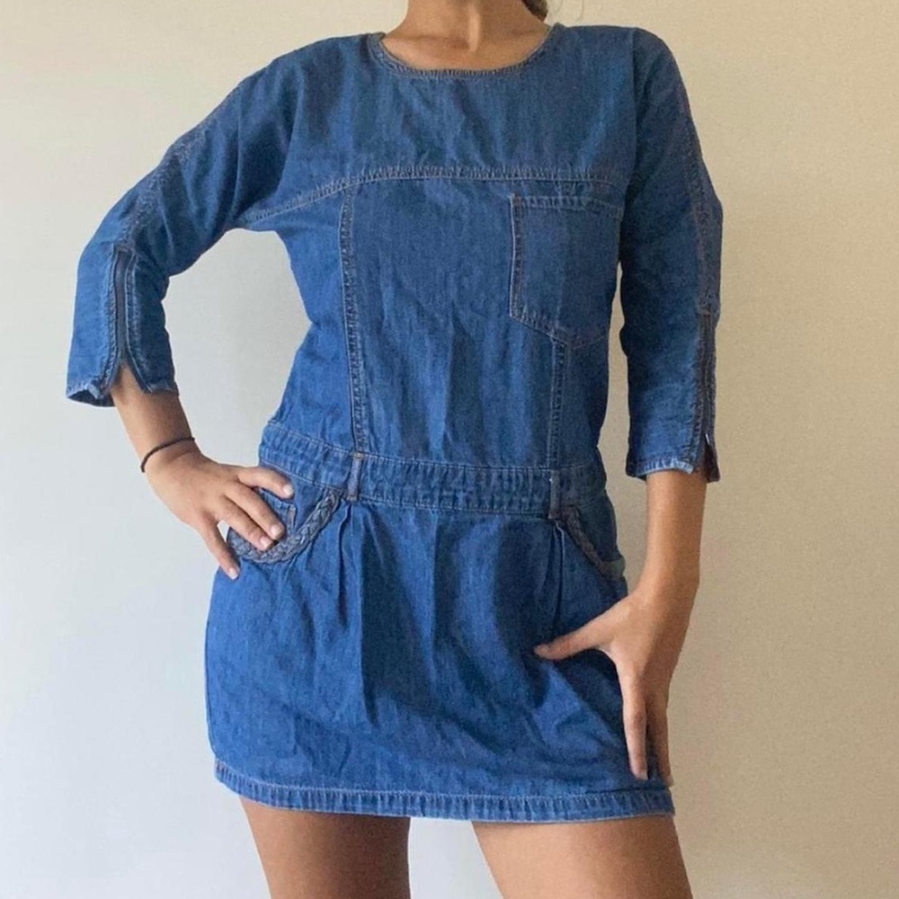 Forever 21 Babydoll Denim Mini Dress with braided pockets and zipper closure